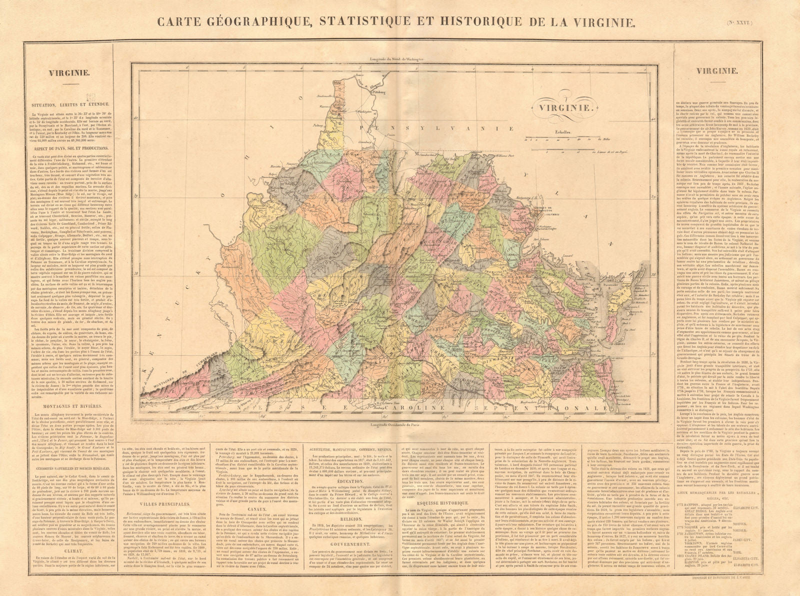 'Virginie'. Virginia & West Virginia antique state map. Counties. BUCHON 1825